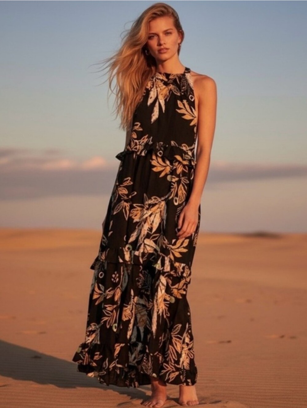 Free People Black Floral Halter Maxi Dress with Mustard and Cream Accents